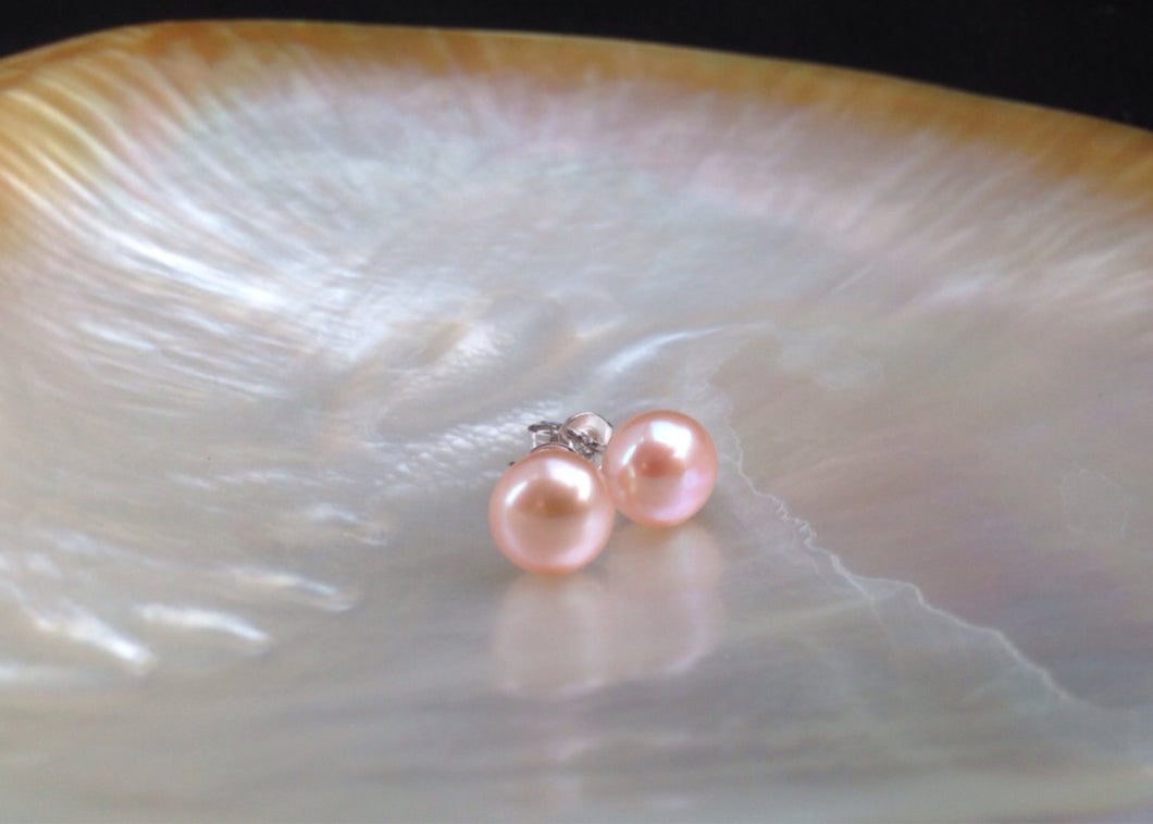 7mm Natural Pink Color AAA Genuine Pearl Earrings, Genuine Pearl Studs, Genuine Pearl Earrings, Genuine Pearl Stud Earrings, 925 Silver Post