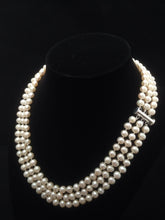 Load image into Gallery viewer, Triple Strand Pearl Necklace, Genuine Pearl Necklace, AA+ Pearl Necklace, Freshwater Pearl Necklace, 6mm-6.5mm
