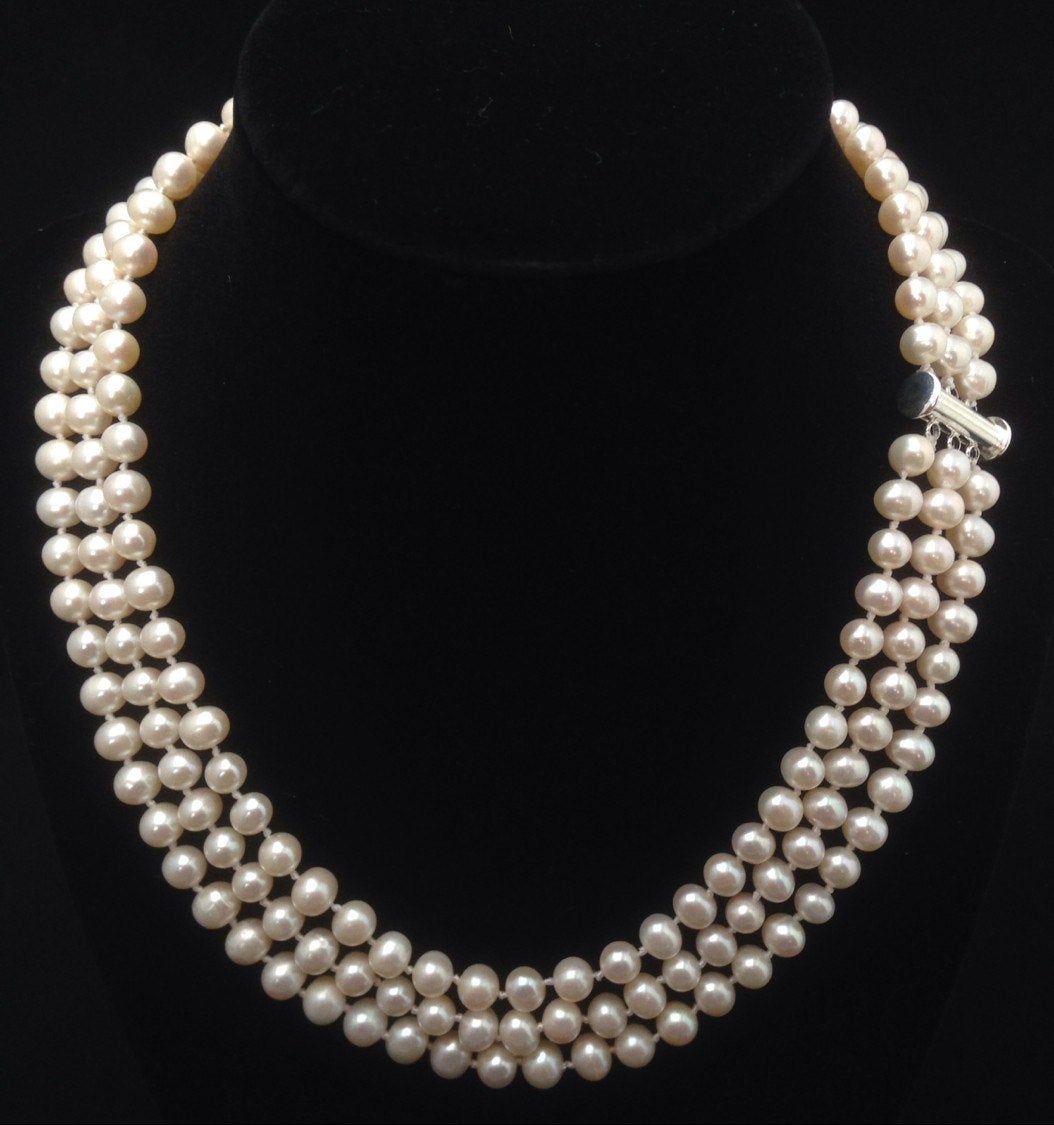 Triple Strand Pearl Necklace, Genuine Pearl Necklace, AA+ Pearl Necklace, Freshwater Pearl Necklace, 6mm-6.5mm